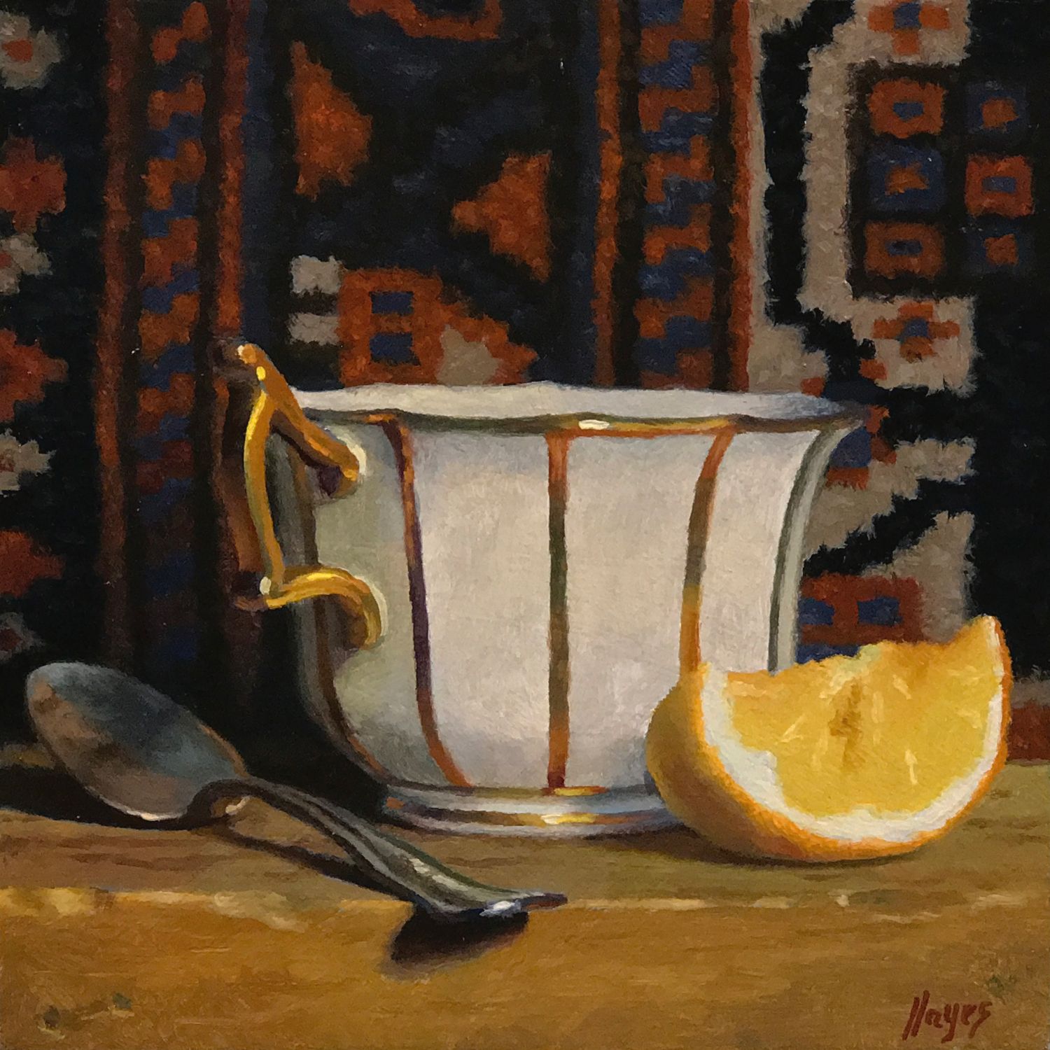 "Teacup with Oriental Rug XV"Oil on panel, 5x5 inches / 12x12 cm, 2021 (sold)