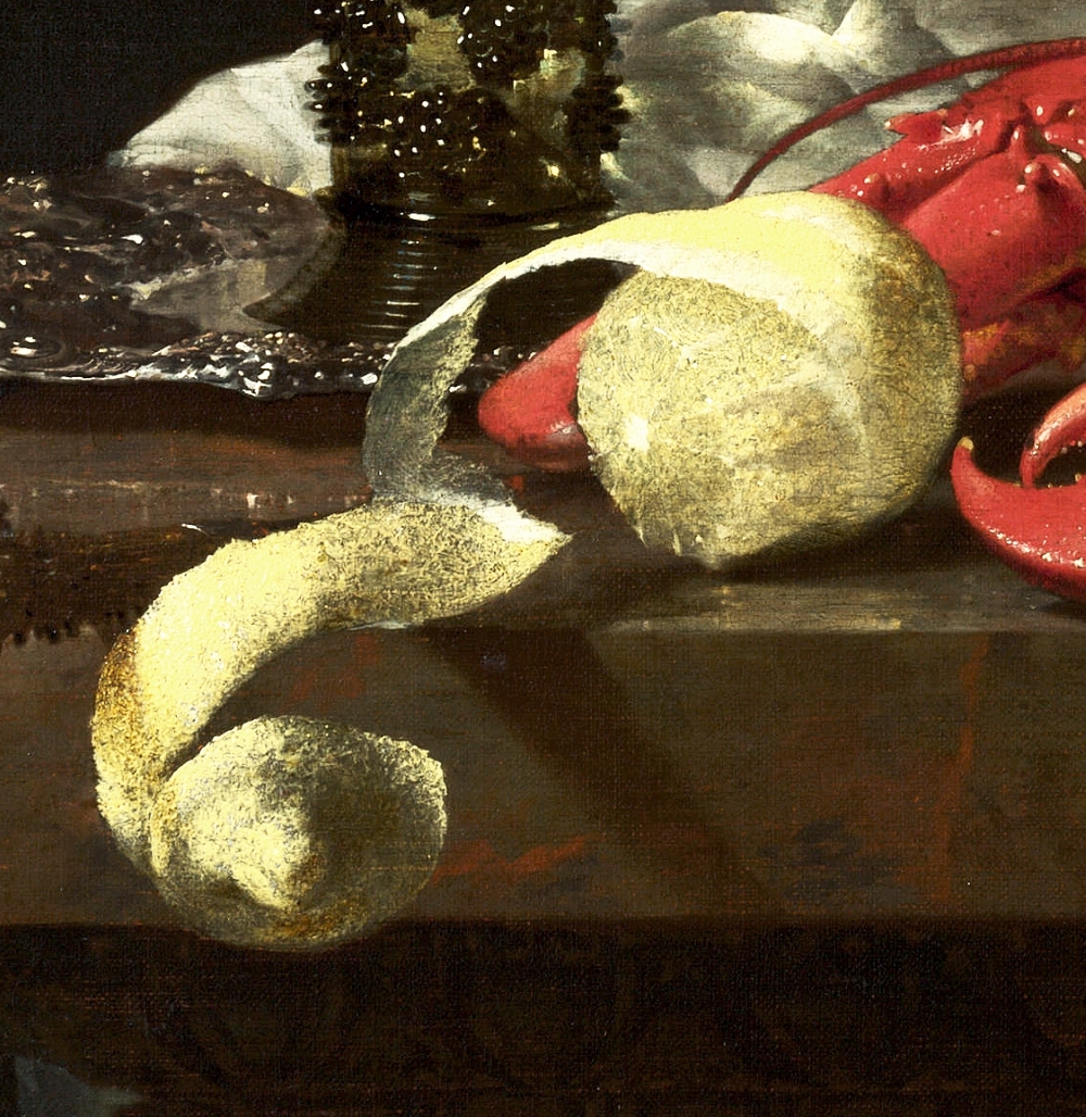 Willem Kalf: detail from “Still Life with Lobster, Drinking Horn and Glasses” Oil on canvas, 34 x 40 inches, 1653