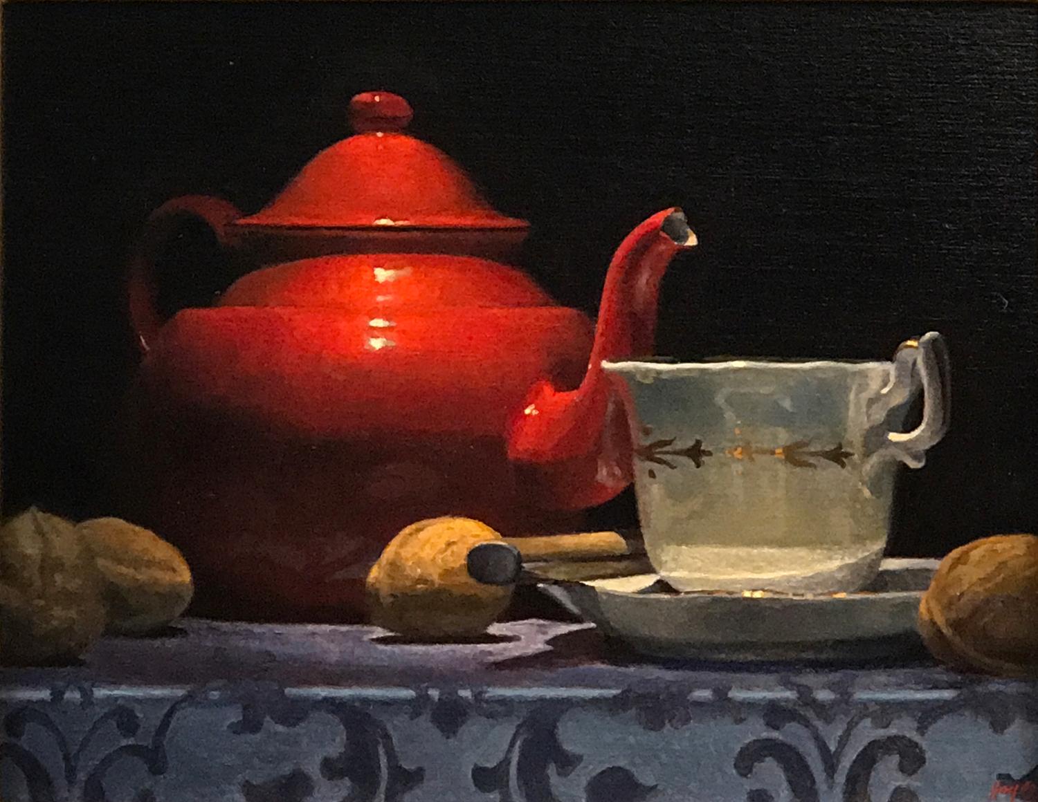 "Teapot, Teacup, Walnuts"Oil on linen on panel, 11x14 inches, available