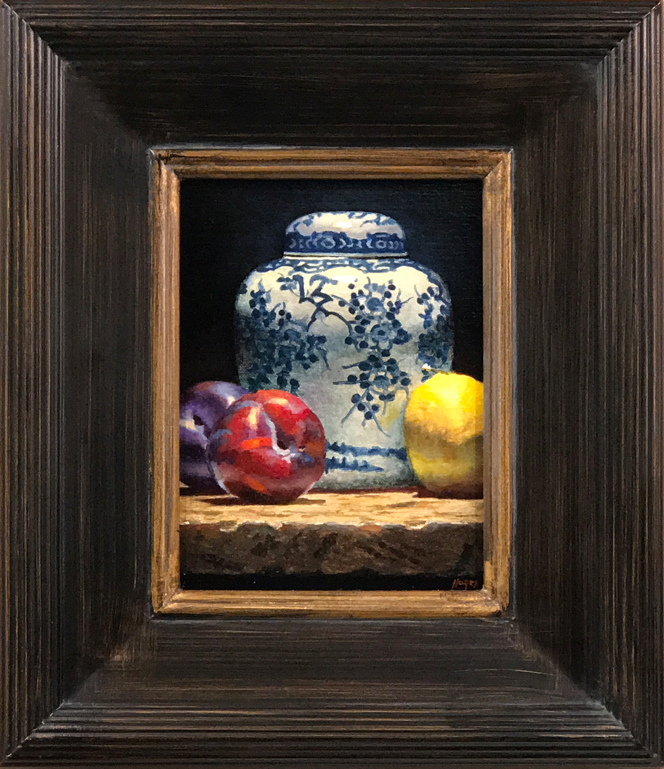 "Plums, Lemon, Ginger Jar"Oil on linen, 8x6 inches, Available