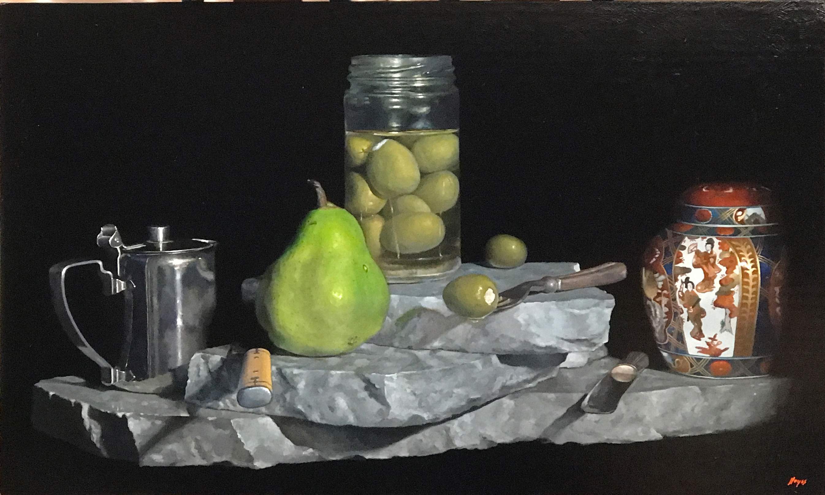 "Olives, Creamer, Ginger Jar, Pear"Oil on panel, 18x30 inches This painting is available, please contact me