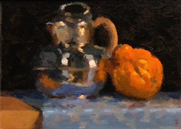 Silver Teapot and Orange Gourd