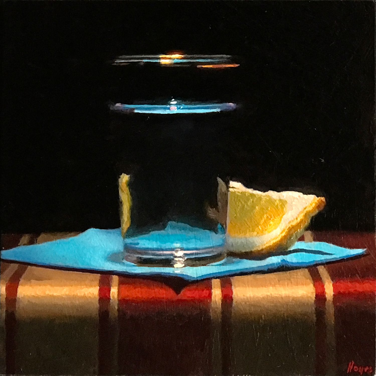 Water Glass, Lemon Slice, Teal Napkin •