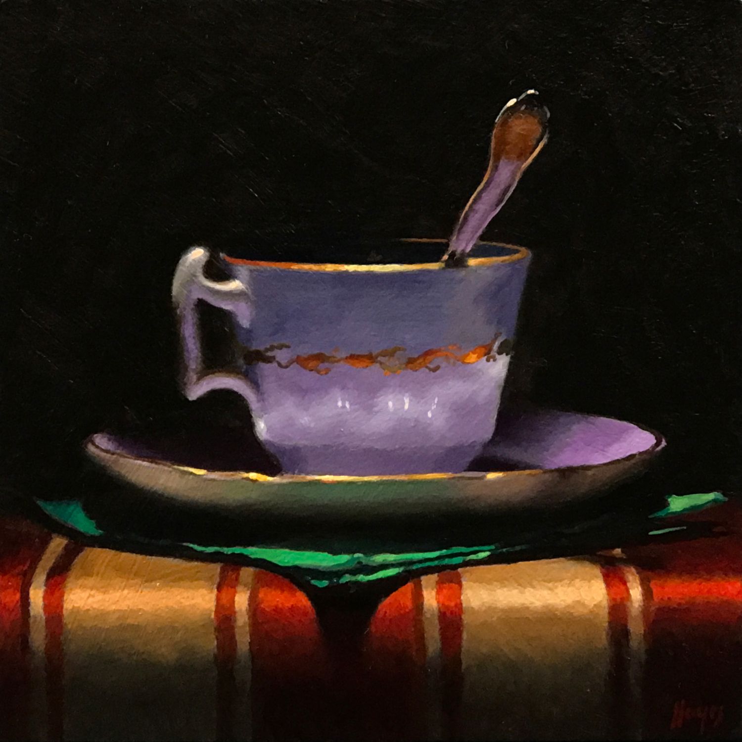 "Teacup, Green Napkin, Striped Cloth"
oil on panel, 5x5 inches