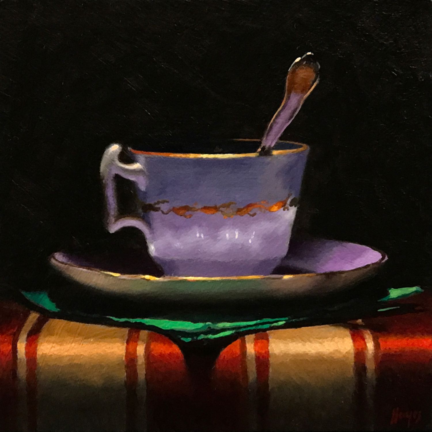 Teacup, Green Napkin, Striped Cloth •