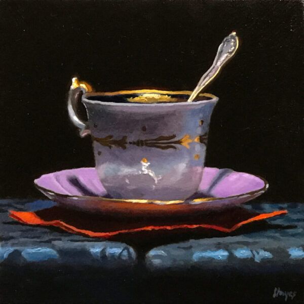 Teacup with Red Napkin and Purple Saucer