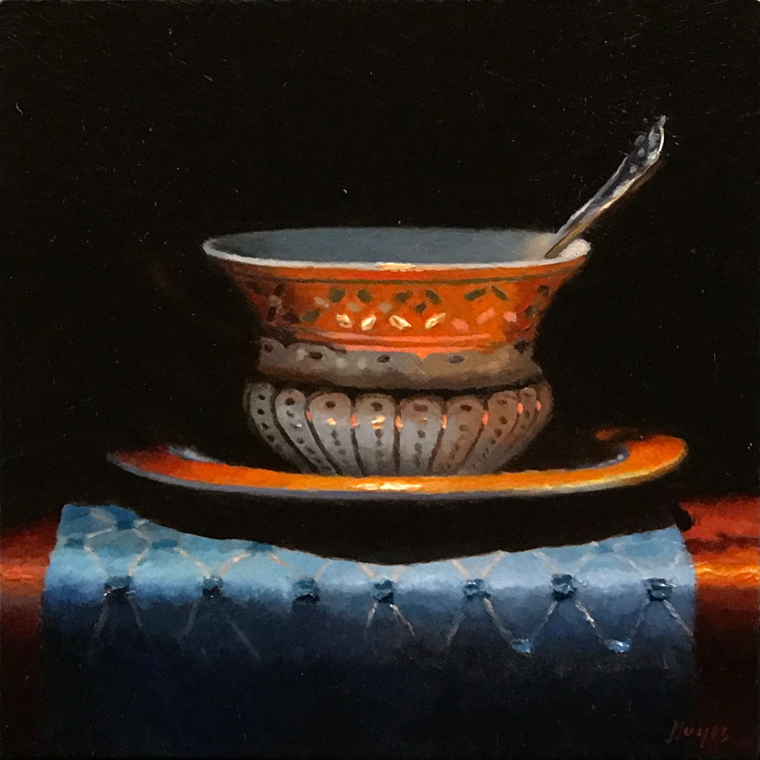Orange Teacup with Blue Brocade •