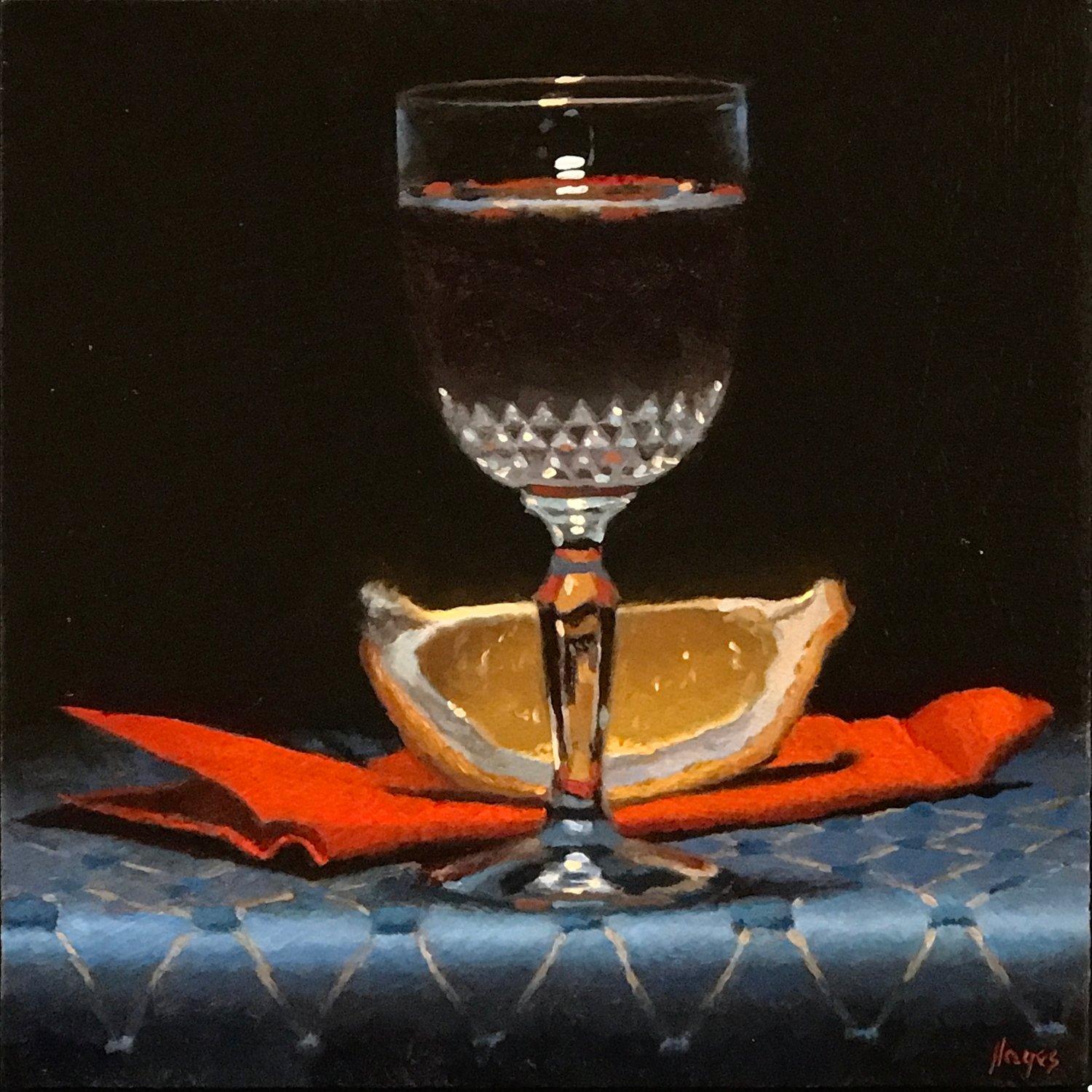 "Aperitif Glass, Lemon Slice, Red Napkin" oil on panel, 5x5 inches.