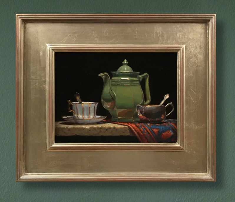 Green Teapot and Oriental Rug$2.250