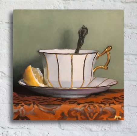 “Teacup and Lemon on Red Silk” Print On Canvas