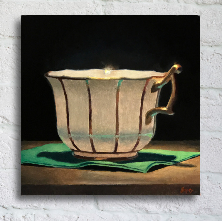 “Teacup with Green Napkin” Framed Canvas Print