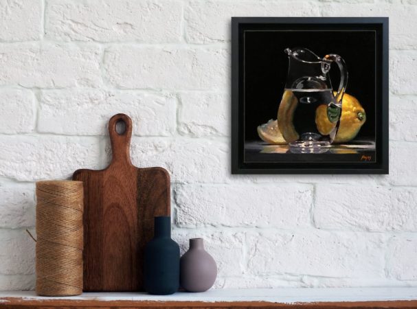 “Lemons and Glass Creamer” Framed Print On Canvas