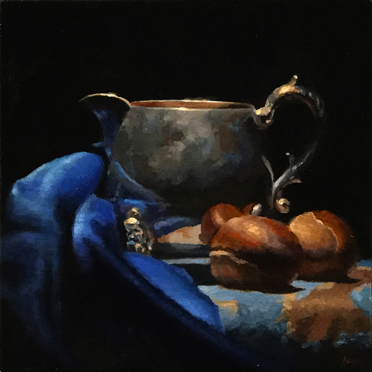 "Silver, Chestnuts, Velvet" oil on panel, 5x5 inches. View this painting.
