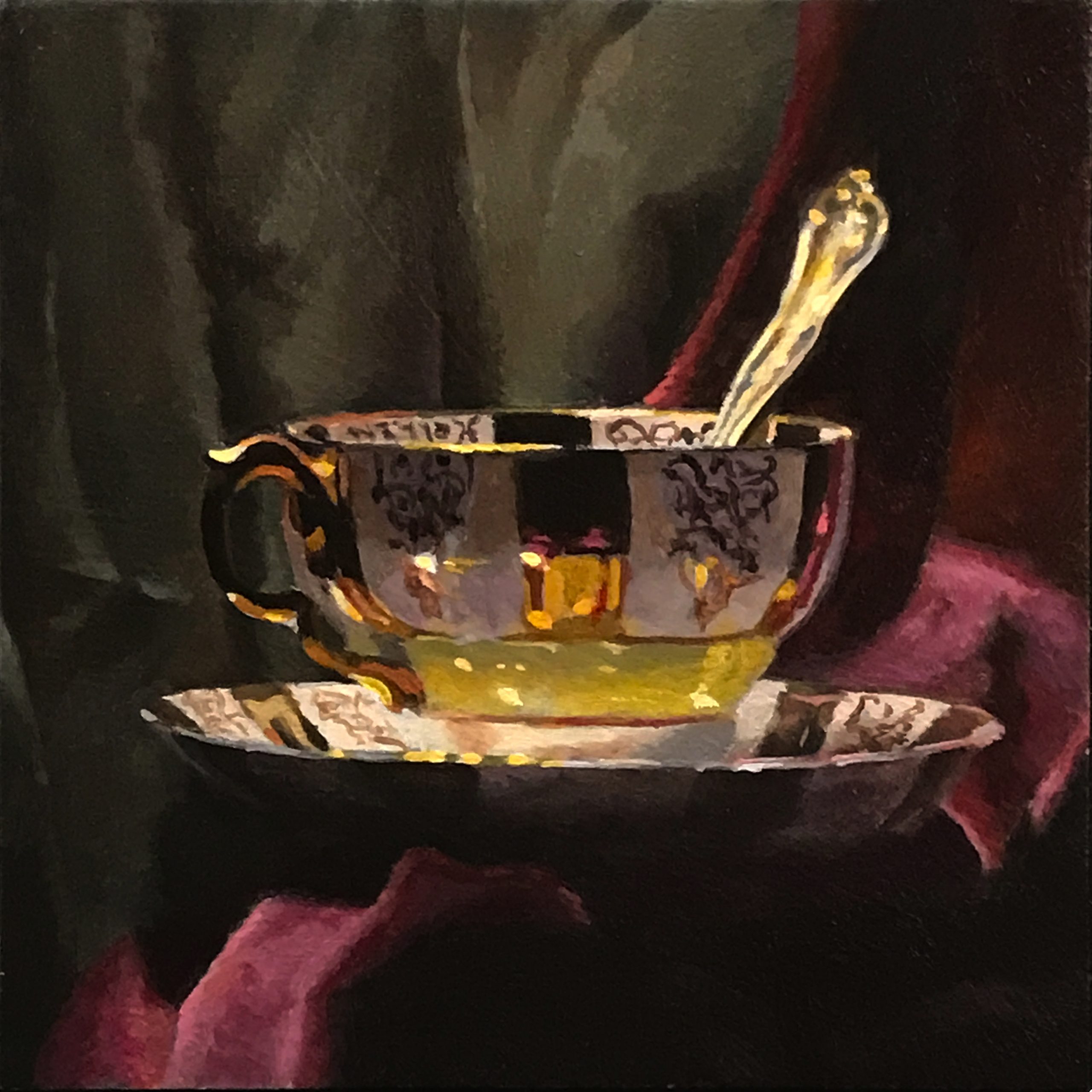 "Golden Teacup with Crimson Velvet" acrylic on panel, 5x5 inches.