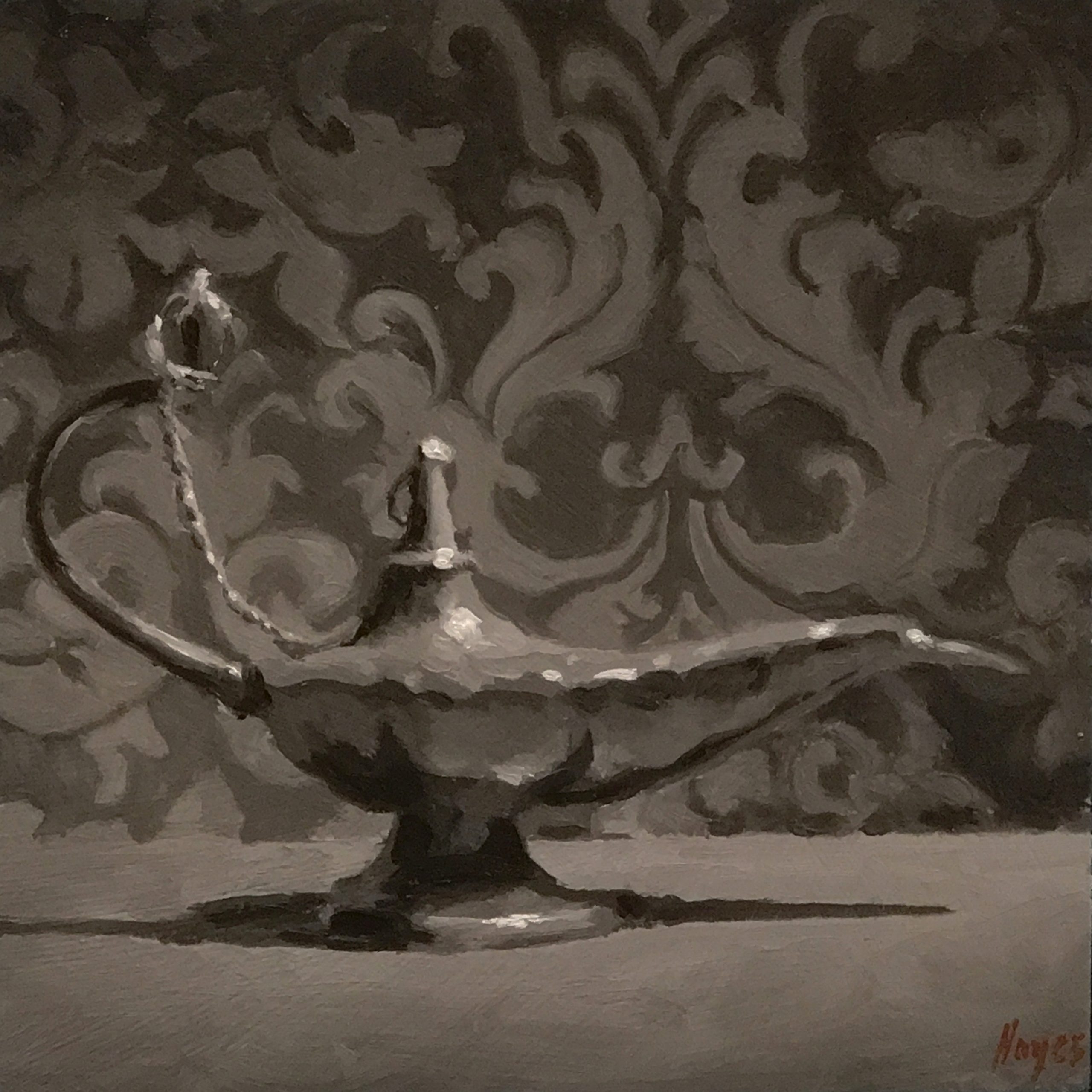 "Grisaille Study: Oil Lamp" oil on panel, 5x5 inches.