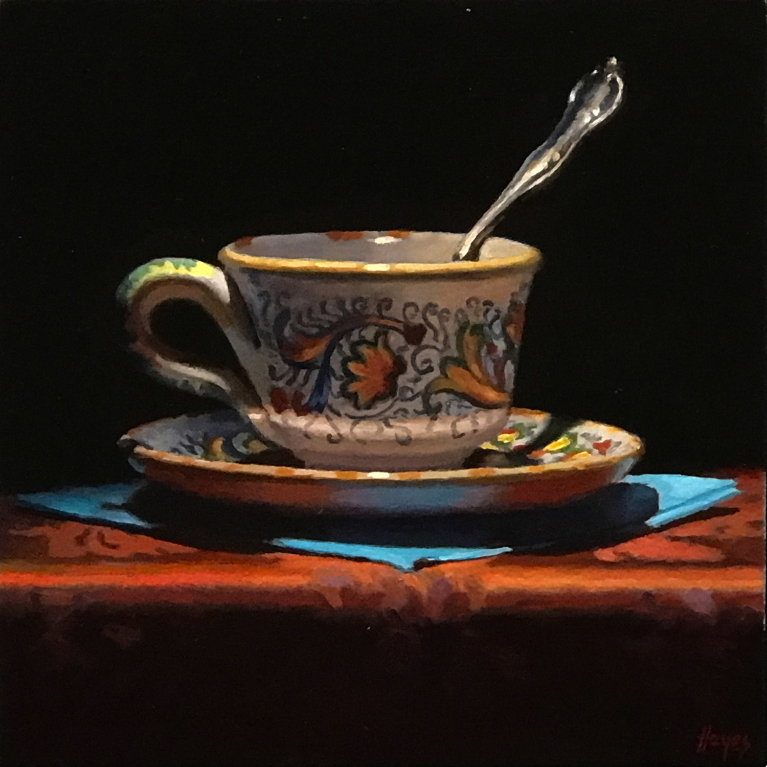 "Espresso Cup and Blue Napkin" oil on panel, 5x5 inches.View this painting