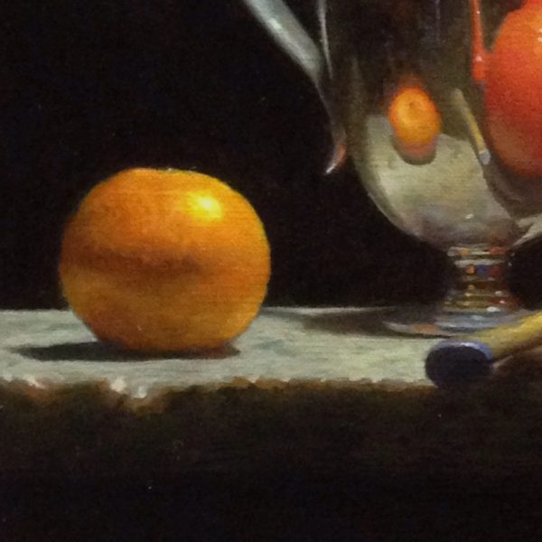 Oranges, Silver, and Red Teapot
