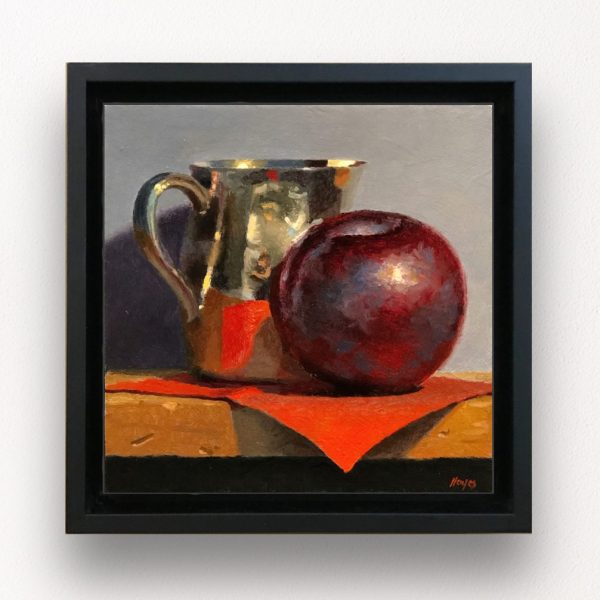 "Plum, Silver Creamer, Red Napkin" Framed Print On Canvas