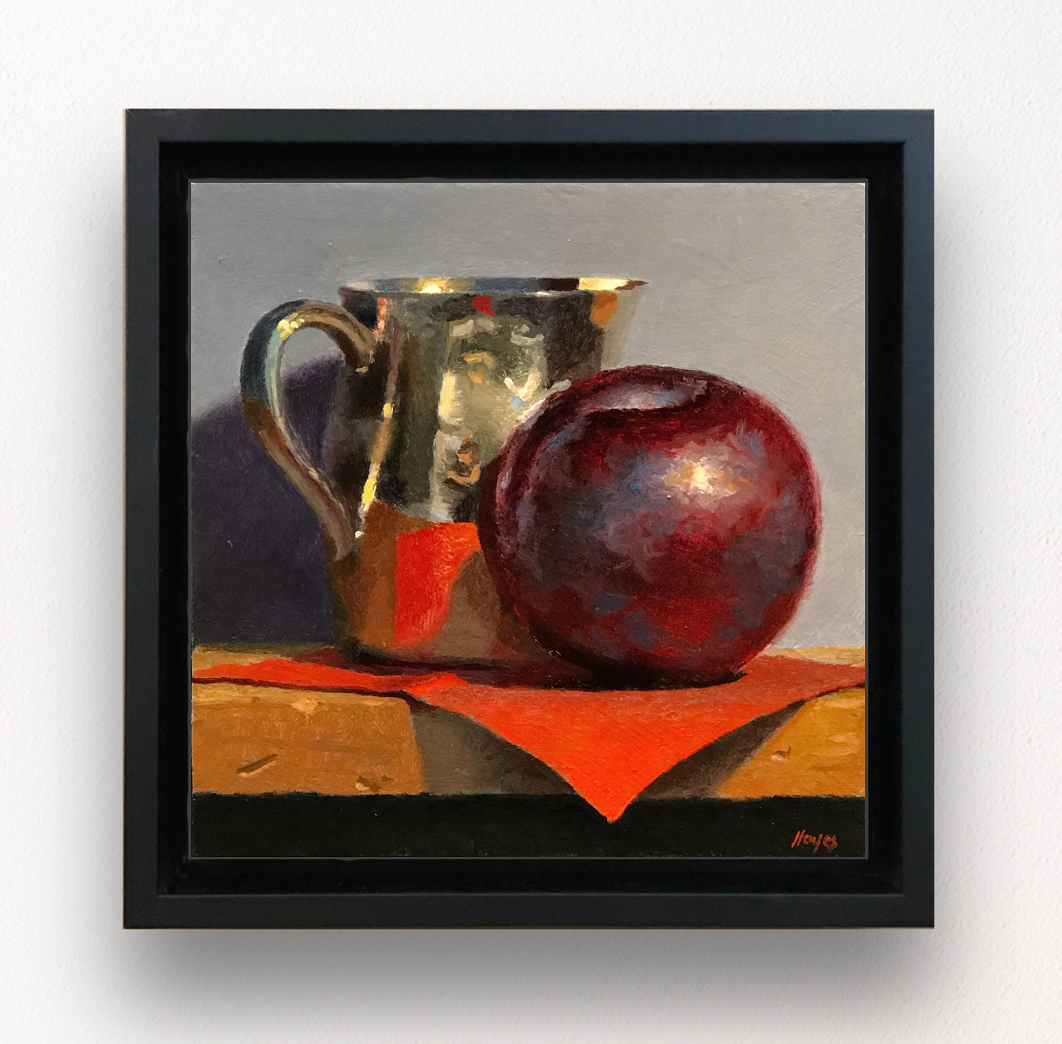 “Plum, Silver Creamer, Red Napkin” Framed Print On Canvas