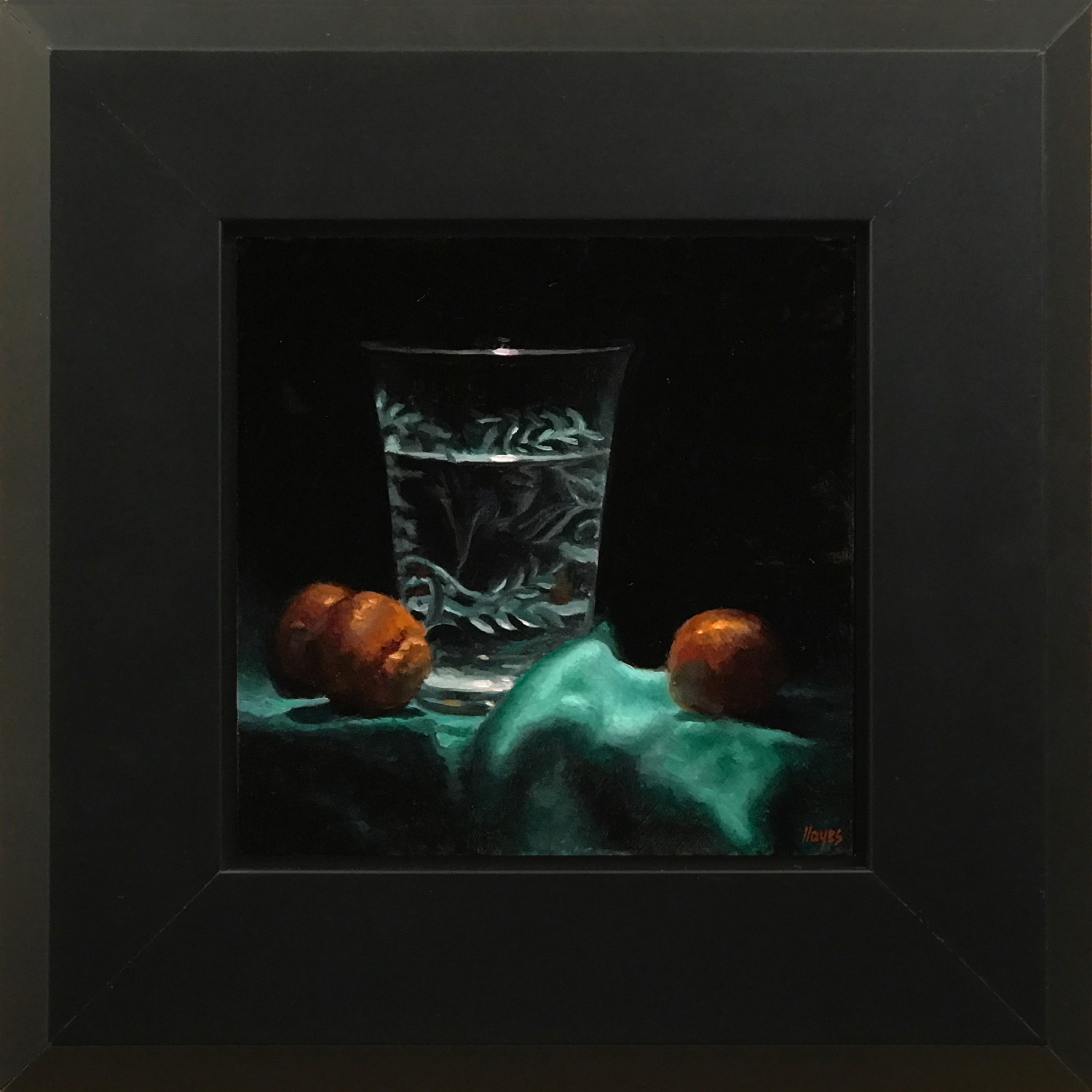 "Etched Glass, Chestnuts, Green Velvet" oil on panel, 5x5 inches.Not for sale