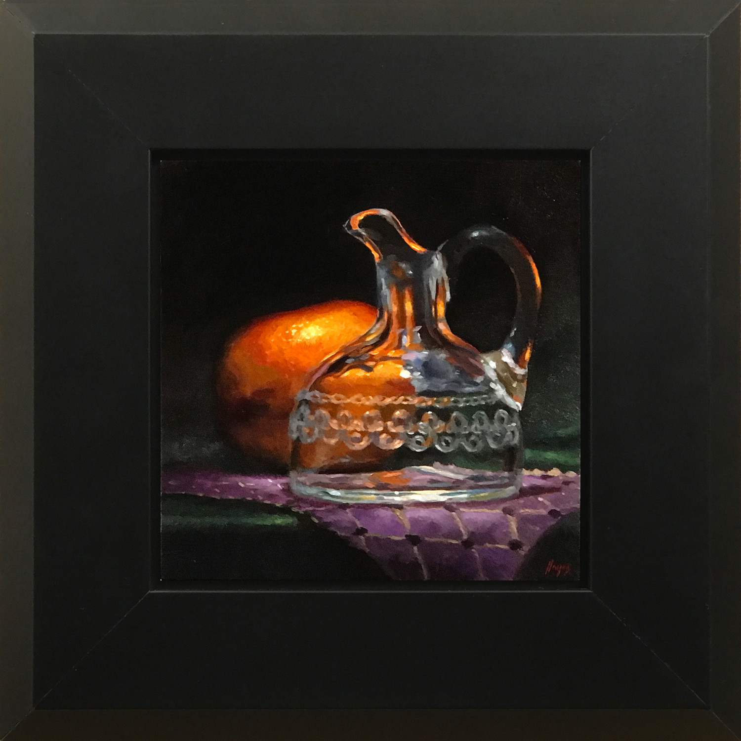 "Orange and Etched Glass Cruet" oil on panel, 5x5 inches.Contact me for more information about this painting