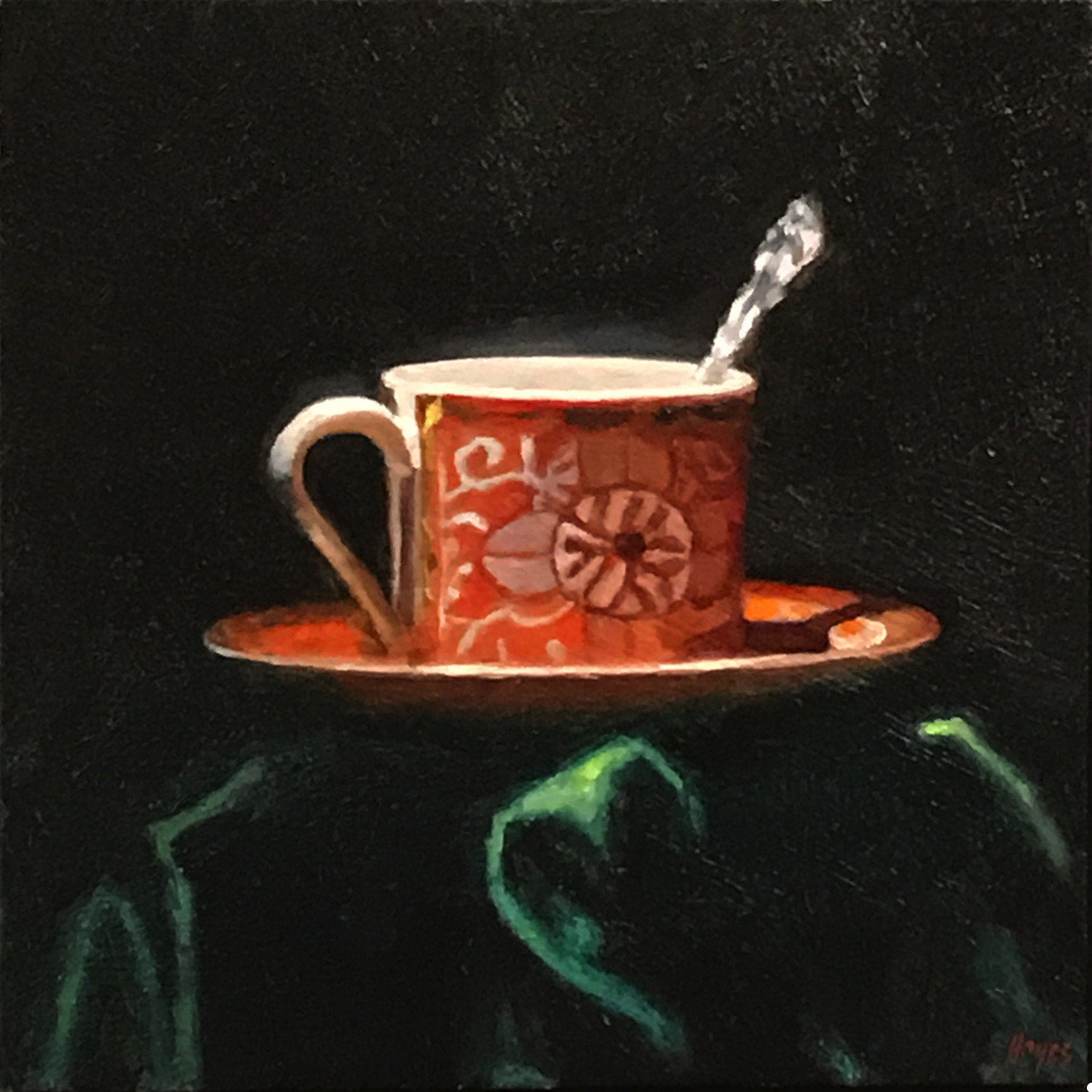 "Espresso Cup on Green Velvet" oil on panel, 5x5 inches.Contact me for more information about this painting