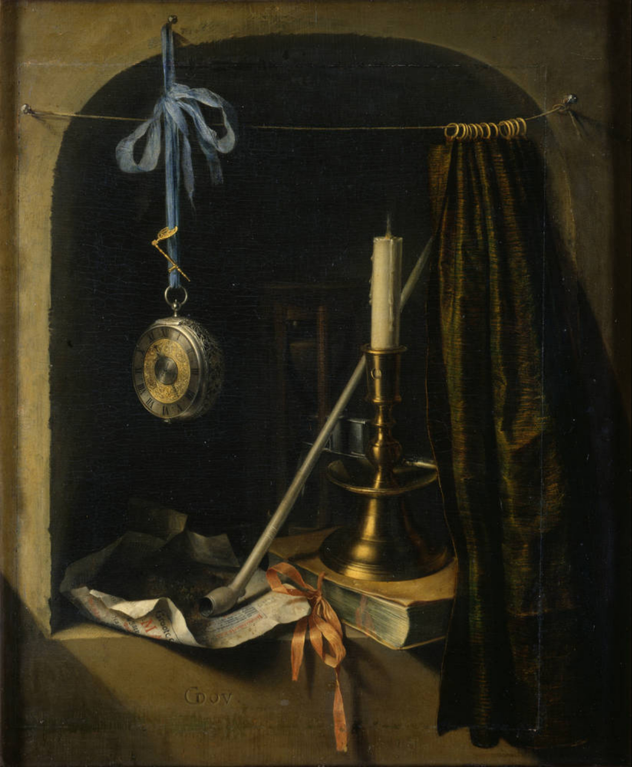 Gerrit Dou
"Still life with candle and watch", 1660
Oil on canvas, 17x14 inches /  43x36 cm