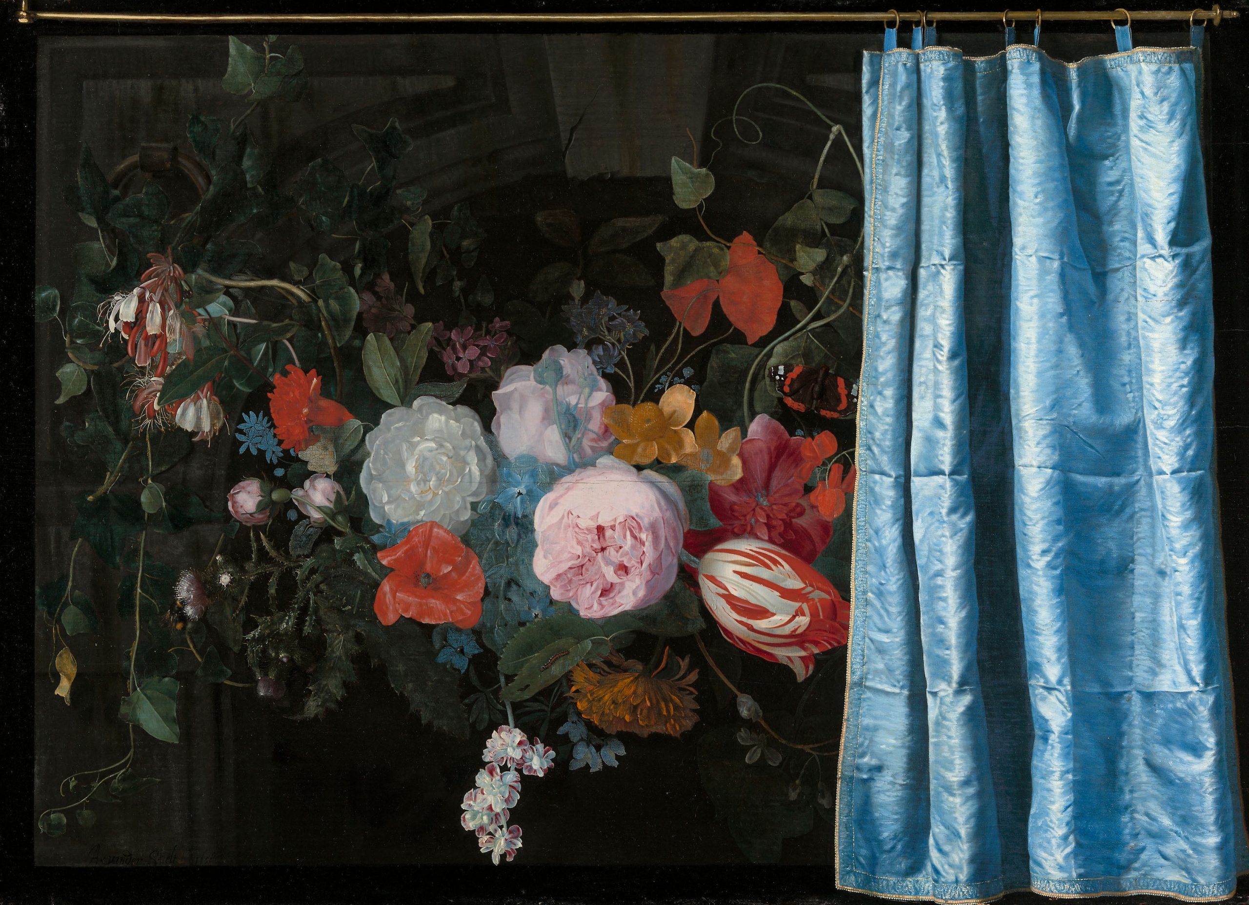 Adriaen van der Spelt
"Still Life with a Flower Garland and a Curtain", 1658
Oil on canvas, 18x25 inches /  47x64 cm