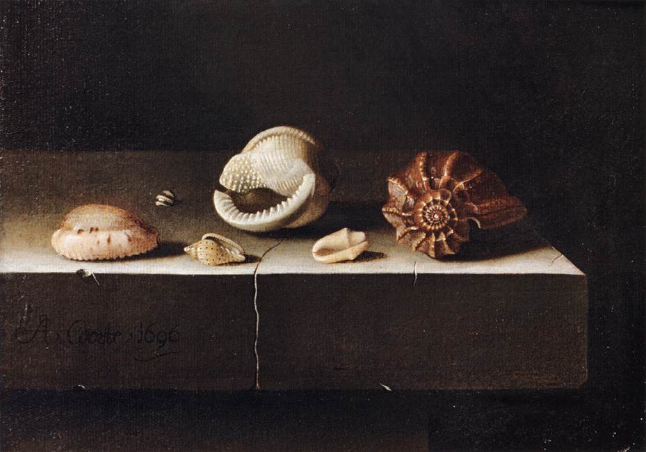 Adrienne Coorte
“Two Large and Four Smaller Shells on a Slab of Stone”
Oil on paper on panel, 6×9 inches, 1696