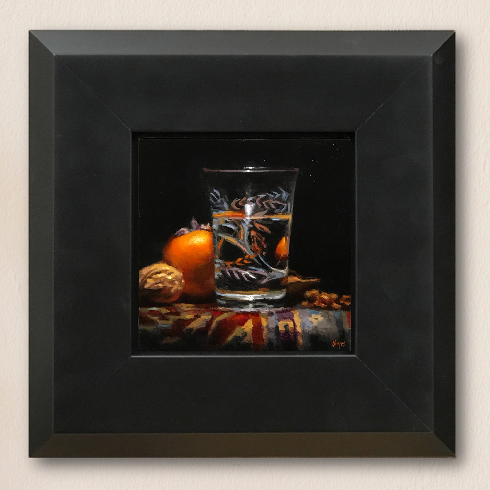 "Walnuts, Persimmon, Water Glass" Oil on panel, 5x5 inches / 12x12 cm View this painting