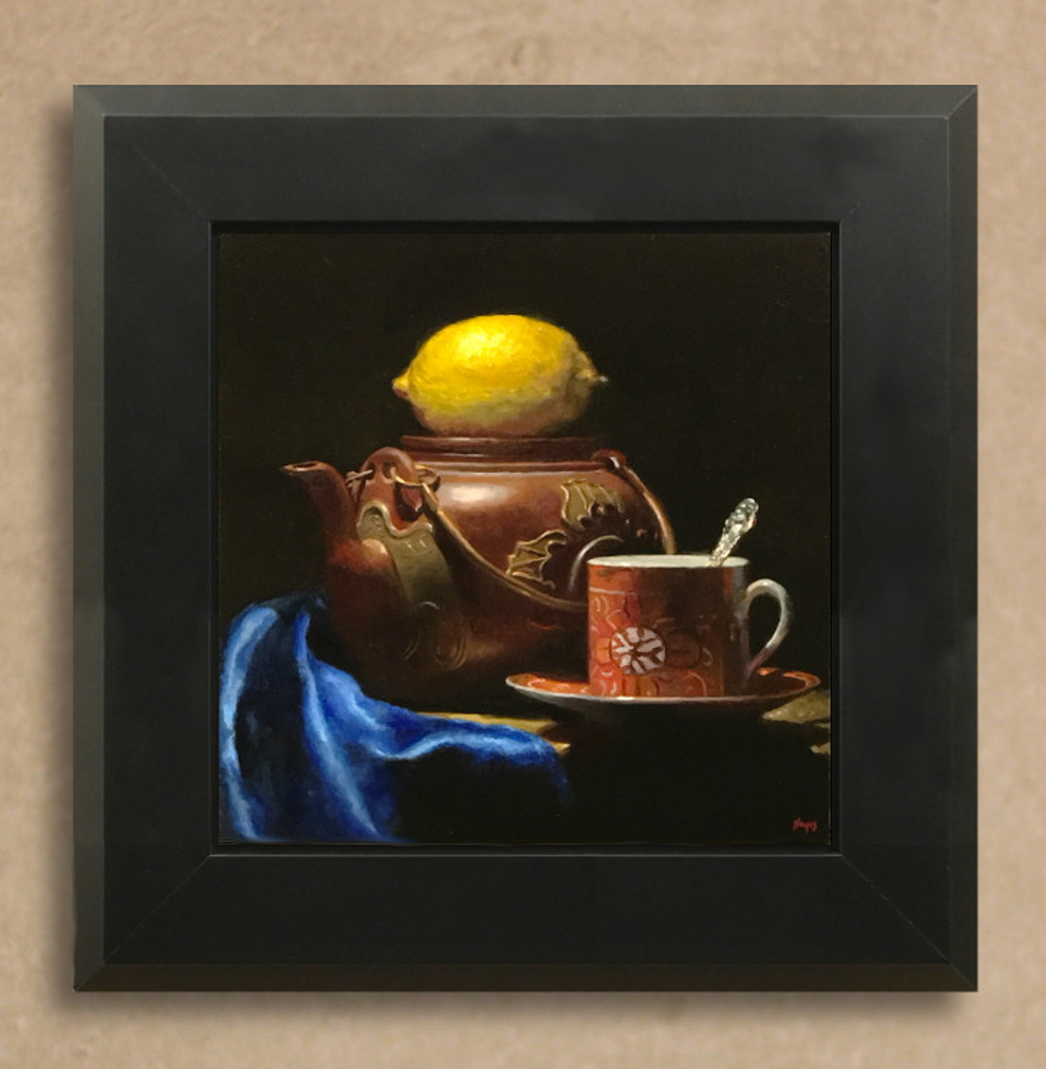 "Lemon, Teapot, Blue Velvet" Oil on panel, 8x8 inches / 20x20 cm View this painting