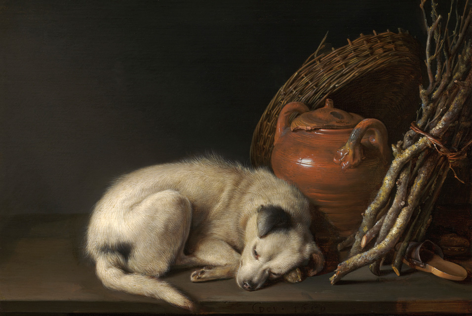 Gerrit Dou
"A Sleeping Dog", 1650
Oil on panel, 6x8 inches /  15x20 cm