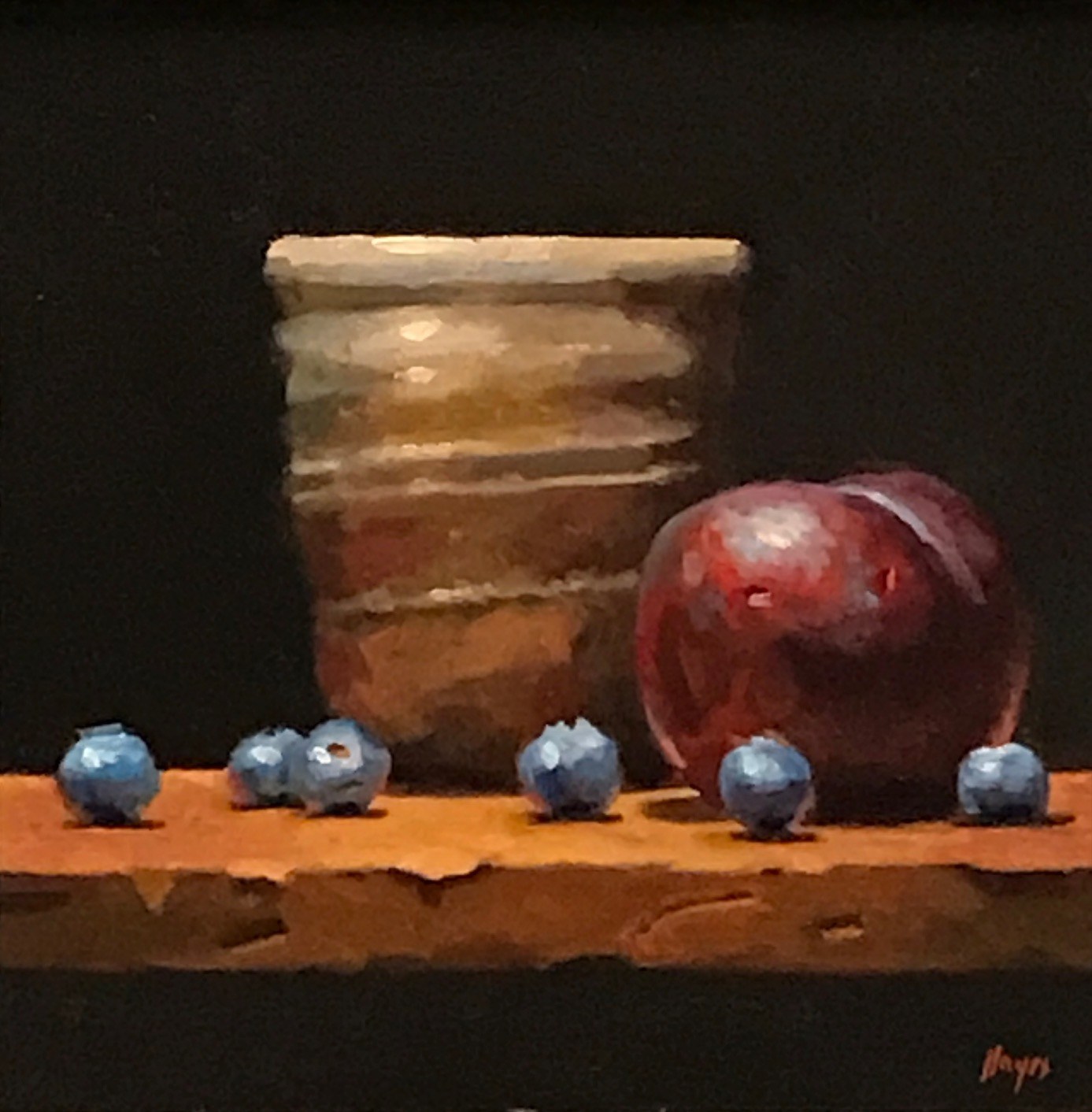 "“Plum, Blueberries, Handmade Cup”
Oil on panel, 5×5 inches / 12×12 cm, 2023 (commission)