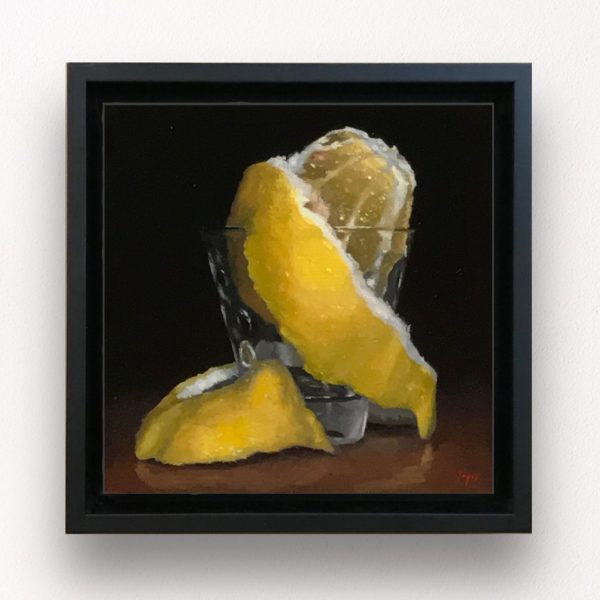 "Peeled Lemon in Shotglass" Framed Print On Canvas