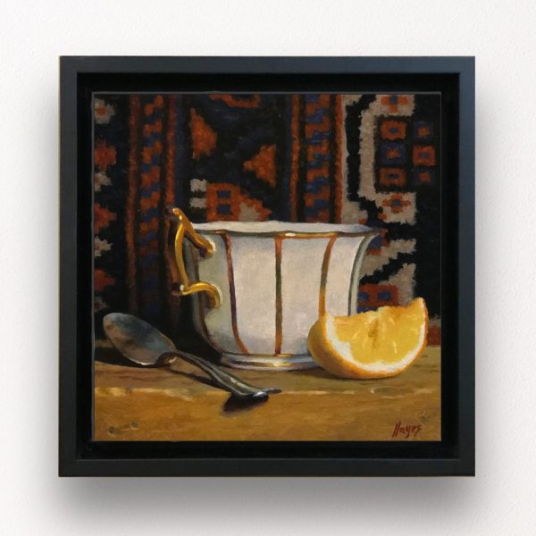 "Teacup with Oriental Rug XV" Framed Print On Canvas