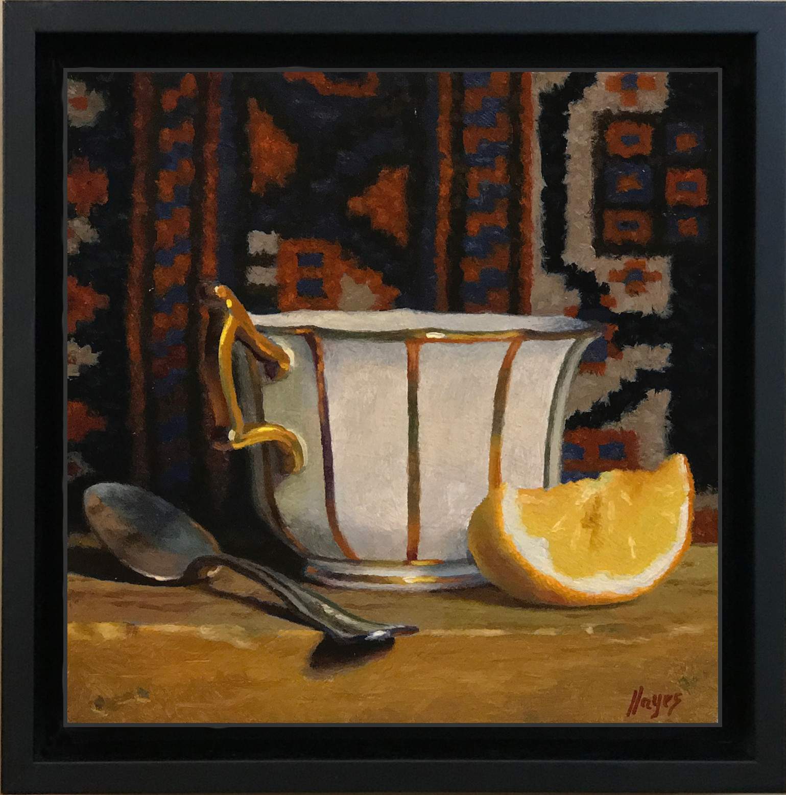 “Teacup with Oriental Rug XV”$195