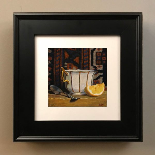 "Teacup with Oriental Rug XV" Framed Print On Paper