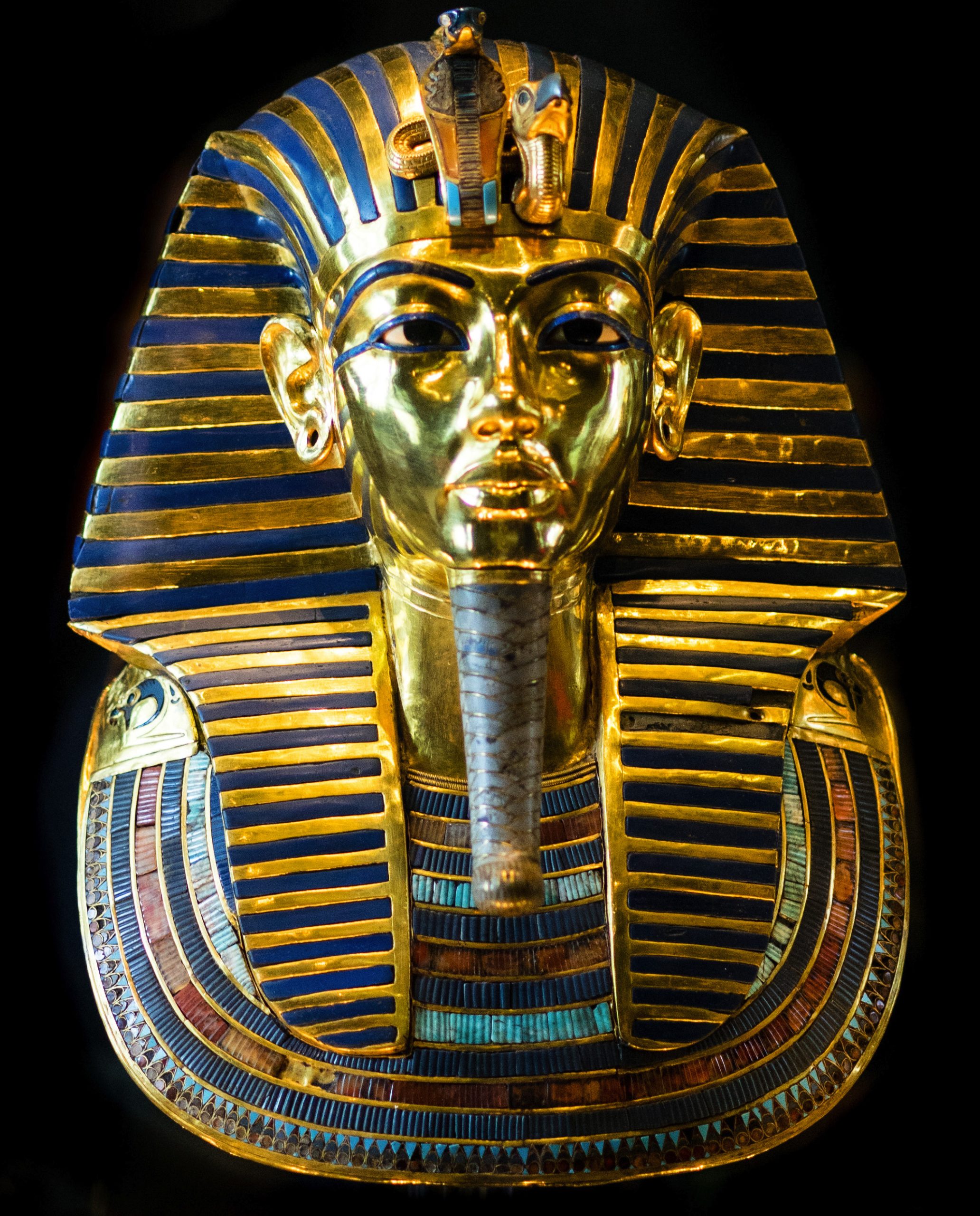 The funerary mask of Tutankhamun, encrusted with bands of Lapis Lazuli
