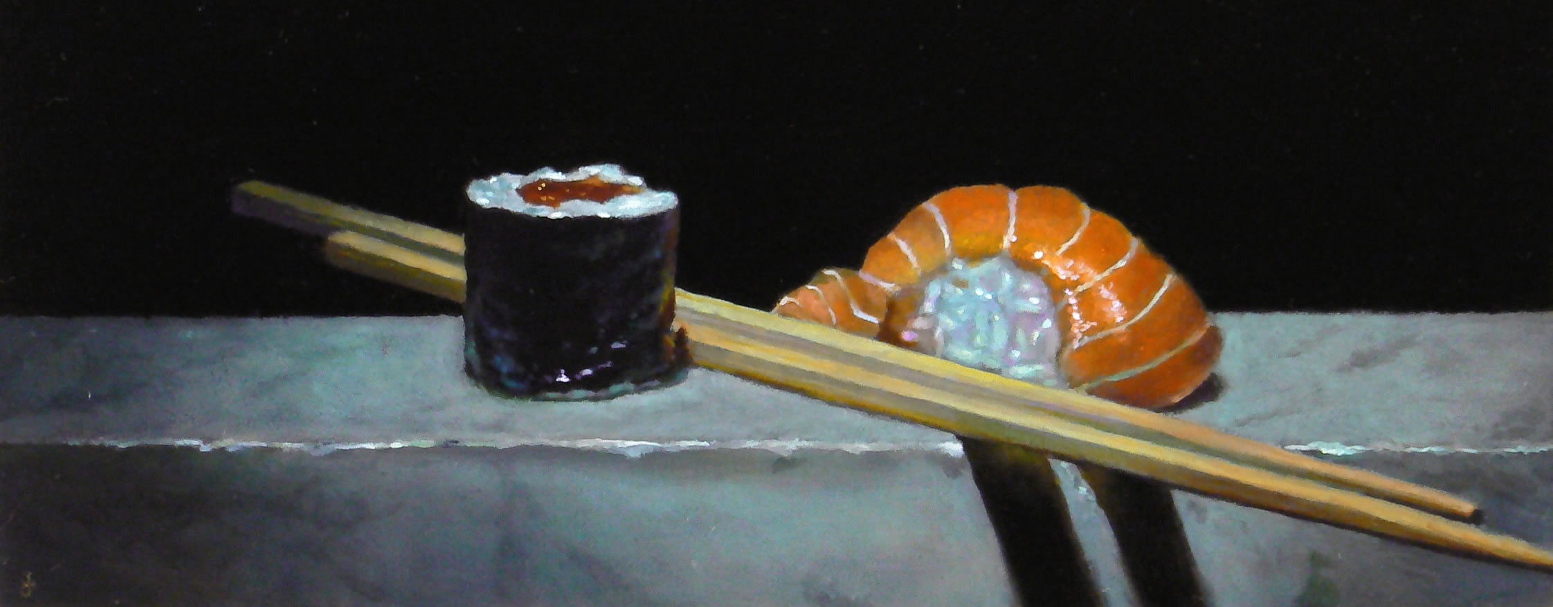 "Sushi No. 30"Oil on panel, 4x10 inches / 10x25 cm (sold)