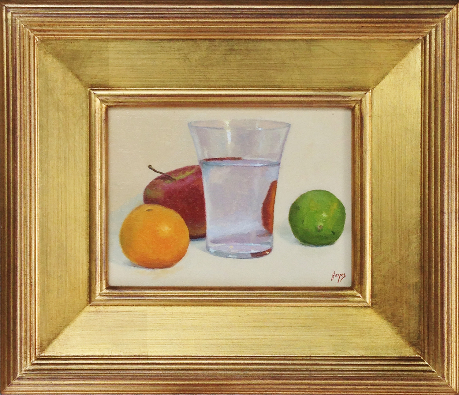 "Orange, Apple, Water Glass, Lime" in its frame