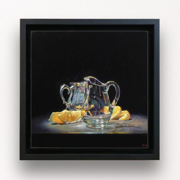 "Silver, Glass, Oranges" Framed Print On Canvas